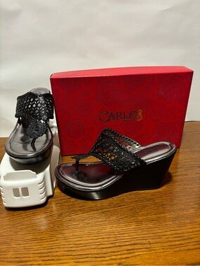 Carlos Santana Black Woven Wedge Thong Sandals